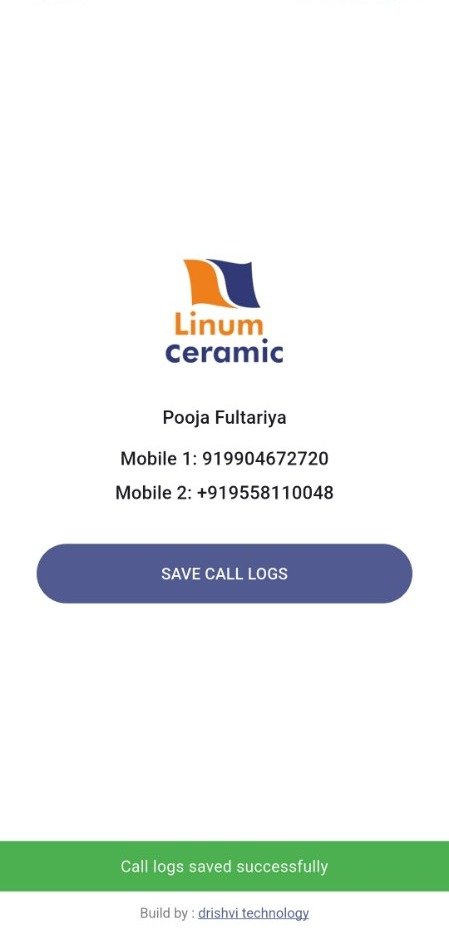 Linum Ceramic Call Log Manager Android screen with Save Call Logs button and a green success message.